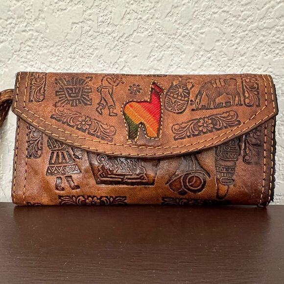 Vintage Leather Wallet Brown Hand Tooled with Llama Front from Guatemala - Picture 1 of 9